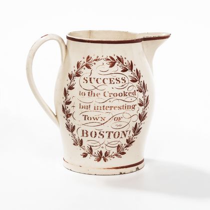 Creamware Transfer Decorated "Success to the Crooked but interesting Town of Boston" Jug