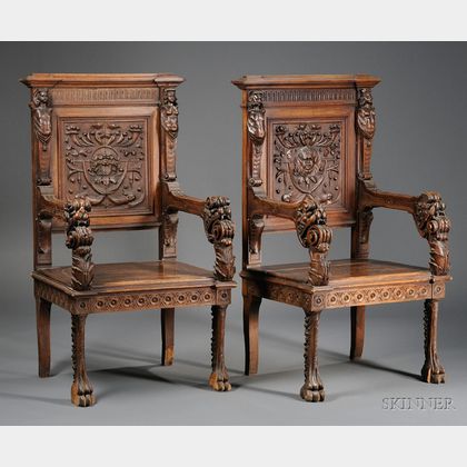 Pair of Italian Renaissance-style Carved Walnut Throne Chairs