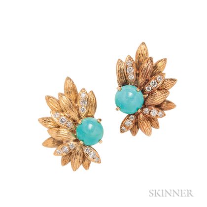 18kt Gold, Turquoise, and Diamond Earclips