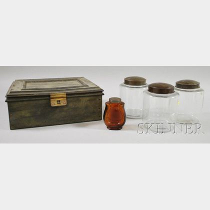 Metal Plantation Box with Paneled Lid, a Set of Three Colorless Glass Kitchen Canisters with Tin Lids, and an Amber Molded Glass Jar...