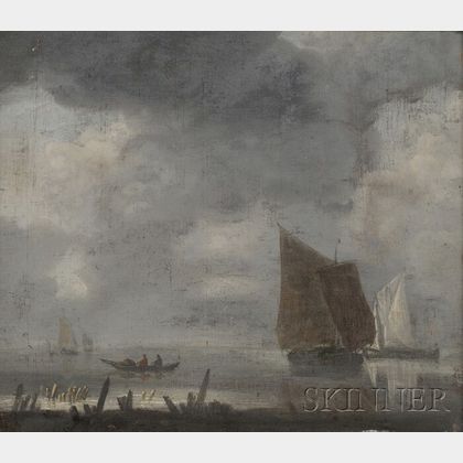 Manner of Jan van de Cappelle (Dutch, 1624-1679) Shore Scene with Sailing Vessels under Gray Skies.