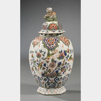 Polychrome Decorated Delft Vase and Cover