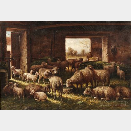 Henri de Buel (Belgian, 1845-1900) Sheep in a Stone Barn
