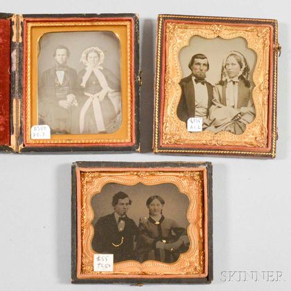 Two Cased Sixth-plate Ambrotypes and a Daguerreotype of Husbands and Wives. Estimate $20-200