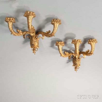 Pair of Three-light Gilt-bronze Sconces