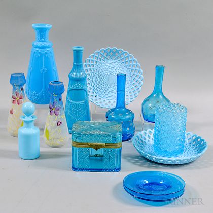 Fourteen Victorian Blue Glass Items