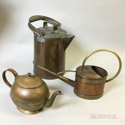 English Brass Teapot, a "Jatex" Watering Can, and a Large Copper Pitcher