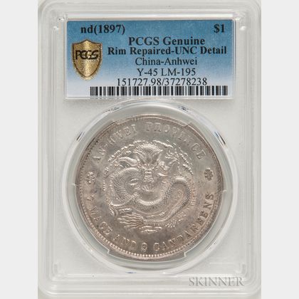 1897 China, Anhwei Province $1, PCGS UNC Details Gold Shield, Rim Repaired