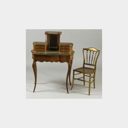 Louis XVI-style Ormolu Mounted Parquetry Bonheur de Jour and a Giltwood Side Chair