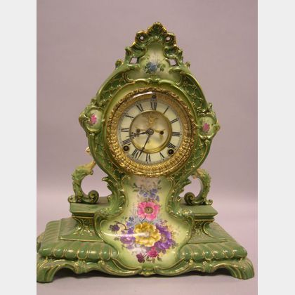 Ansonia/Royal Bonn Floral Transfer Decorated Ceramic Mantel Clock. 