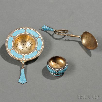 Three Pieces of David-Andersen Gold-washed Sterling Silver and Enamel Tableware