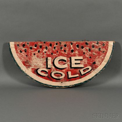 Polychrome Painted "ICE COLD" Watermelon-form Sign