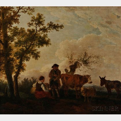 Dutch School, 19th Century Country Couple with Sheep, a Cow, and Donkey