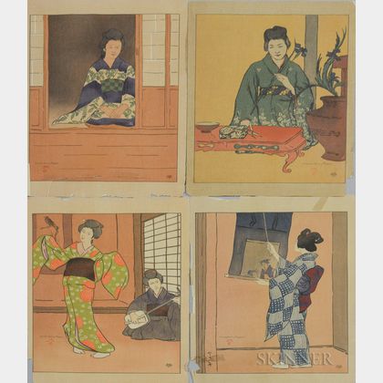 Charles Hovey Pepper (American, 1864-1950) Four Woodcuts: Dyn-ko Looks at the Garden, Fleur-de-Lys (Ikebana),Geisha (The Japanese Danc
