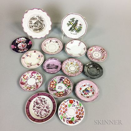 Fifteen Mostly Pink Lustre Ceramic Saucers and Cup Plates.