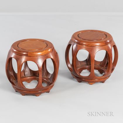 Pair of Chinese Hardwood Mellon-form Stools
