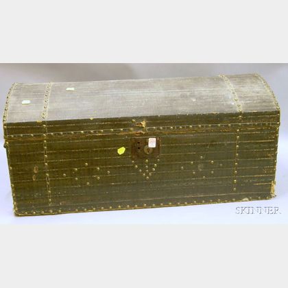Wrought Iron and Brass-mounted Embossed Oil Cloth-clad Dome-top Wooden Trunk