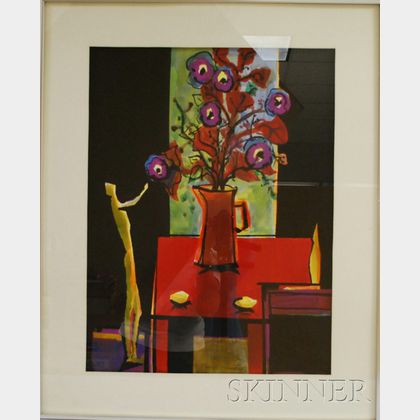 European School, 20th Century Still Life with Figure and Flowers.