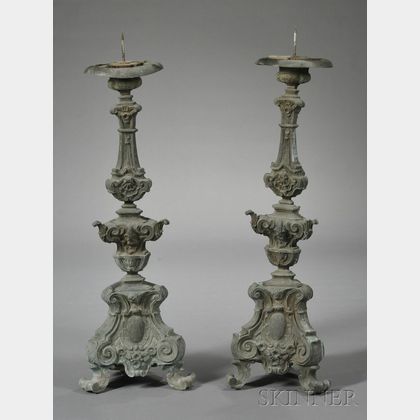 Large Pair of Pewter Ecclesiastical Pricket Candlesticks