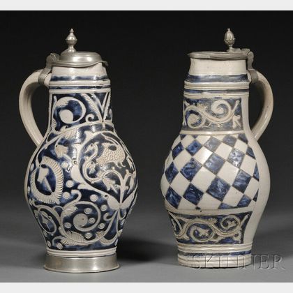 Two Westerwald-type Cobalt Blue Decorated Stoneware Jugs