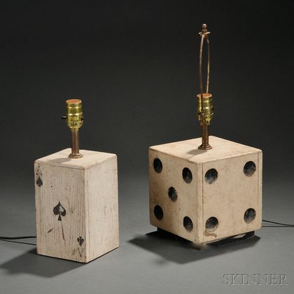 Wooden Painted Dice and Ace of Clubs Fitted as Lamps