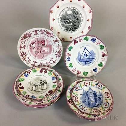 Fourteen Transfer-decorated Pink Lustre Ceramic Plates