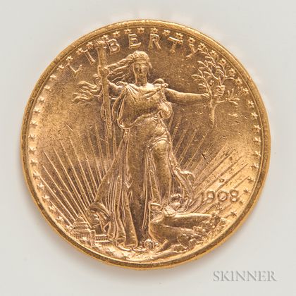 1908-D $20 Motto St. Gaudens Double Eagle Gold Coin. Estimate $1,200-1,500
