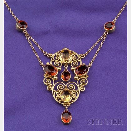 Arts & Crafts 15kt Gold Citrine Pendant Necklace, England