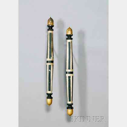 Pair of Black and White Painted Turned Wooden Barber Poles