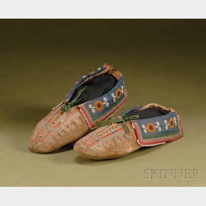 Northeast Beaded and Quilled Cloth and Hide Moccasins