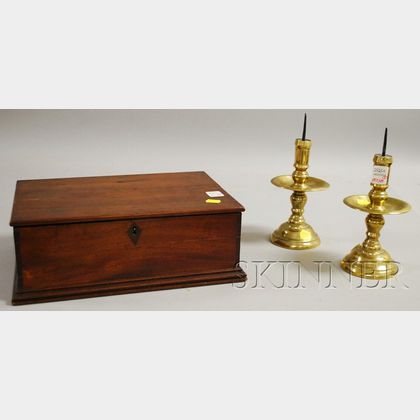 Pair of Brass Pricket Candlesticks and a Mahogany Dovetail-constructed Document Box