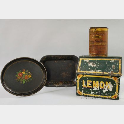 Two Tole Trays, a Lithograph Retail Nuts Can, and a Painted Tin Lemon Counter Bin. 