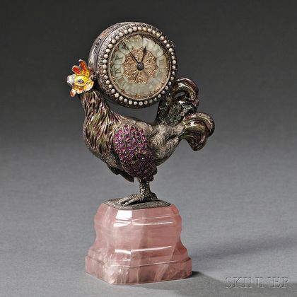 Viennese Silver, Enamel, Rose Quartz, and Gem-set Cockerel-form Clock