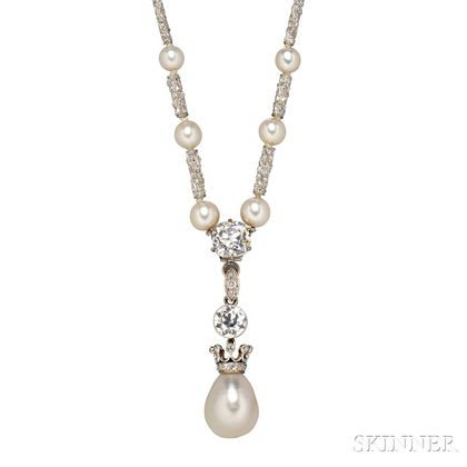 Edwardian Natural Pearl and Diamond Necklace
