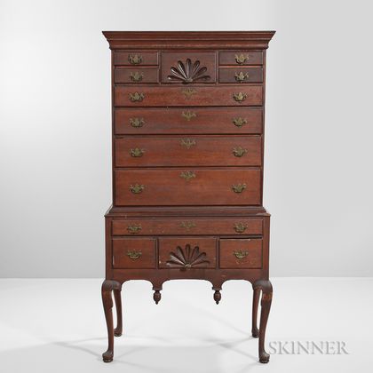 Red-painted Carved Cherry High Chest of Drawers