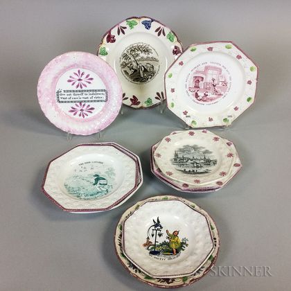 Ten English Transfer-decorated Pink Lustre Ceramic Children's Plates