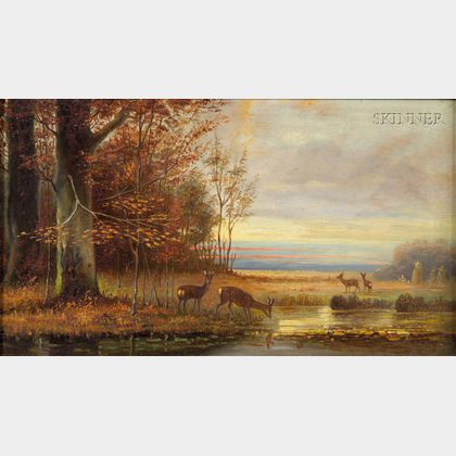 American School, 19th Century Deer At the Edge of a Pond, Autumn Fields Beyond
