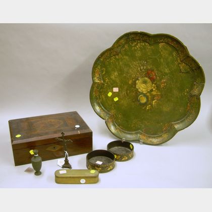 Pair of Victorian Gilt-decorated Papier-mache Wine Coasters, a Marquetry-decorated Rosewood Veneer Lap Desk, an... 