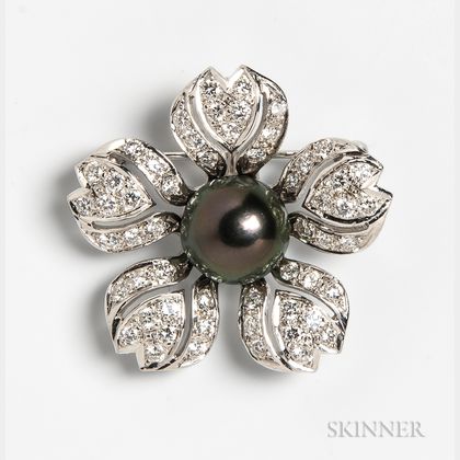 14kt White Gold, Diamond, and Tahitian Pearl Flower Brooch
