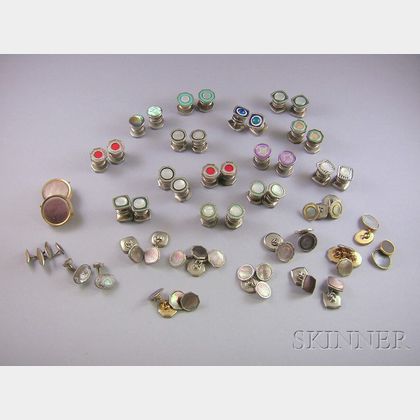 Approximately Twenty-six Pairs of Shell, Mother-of-pearl, and Enamel Cuff Links and Gentlemans Dress Accessori... 
