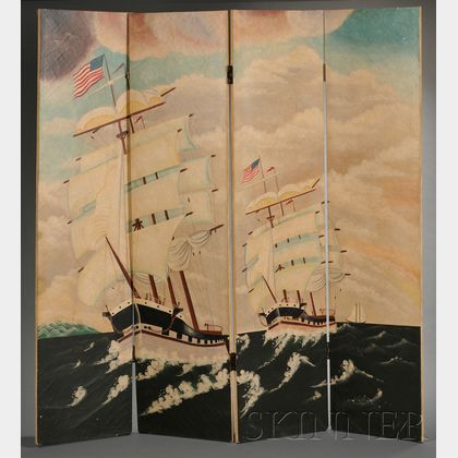 Painted Four Panel Folding Floor Screen Depicting Sailing Vessels on Cape Cod