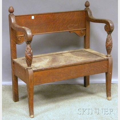 Colonial Revival Carved Oak Hall Bench with Lift Seat