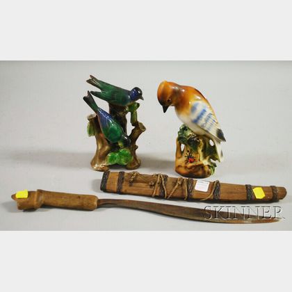 Southeast Asian Edged Weapon and Two Czech Ceramic Bird Figures