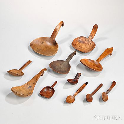 Eight Carved Wood Scoops and Three Carved Wood Spoons