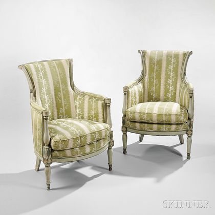 Pair of Directoire Green and Gray-Painted Bergeres