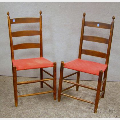 Near Pair of Shaker Stained Maple Slat-back Side Chairs with Woven Tape Seats