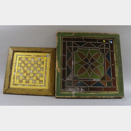 Late Victorian Architectural Leaded Glass Window and a Framed Gold Reverse-painted and Mother-of-pearl Highligh... 