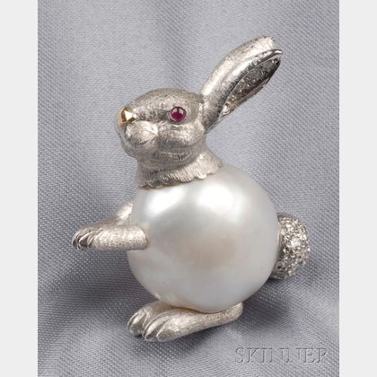 18kt White Gold, Baroque Pearl, and Diamond Rabbit Brooch, E. Wolfe & Co., London