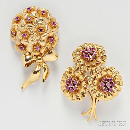 Two 18kt Gold and Ruby Flower Brooches, Tiffany & Co.