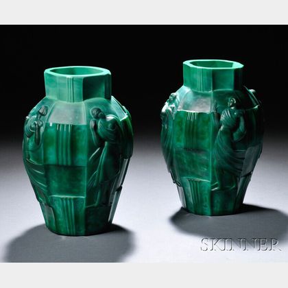 Pair of Curt Schlevogt Art Deco Malachite Glass Vases